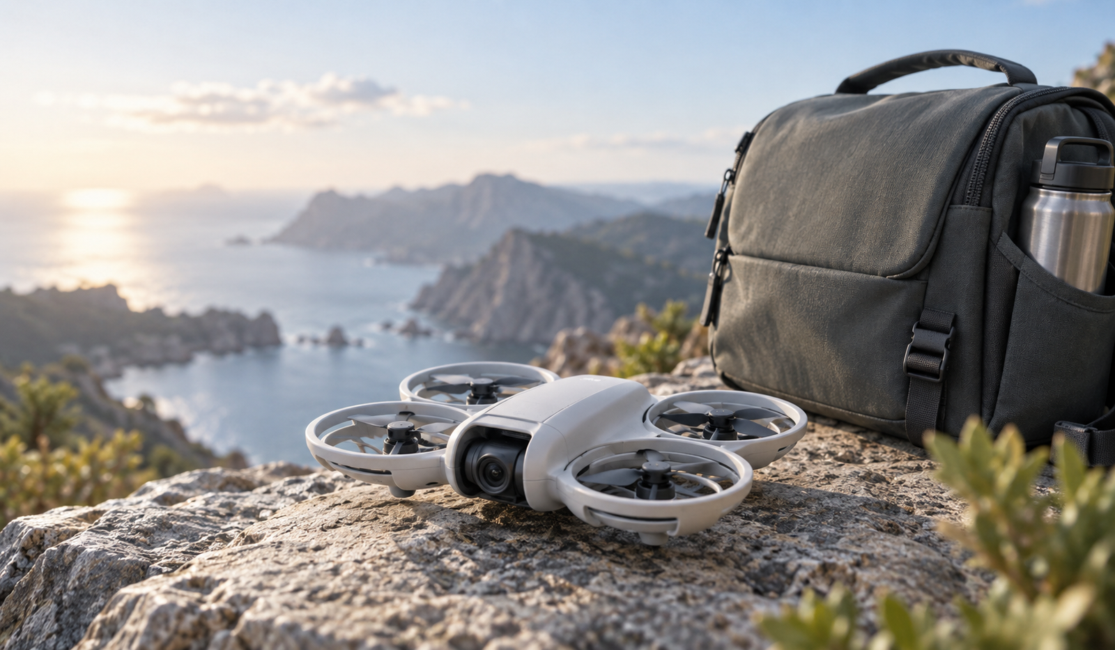 DJI Neo drone beside a travel bag